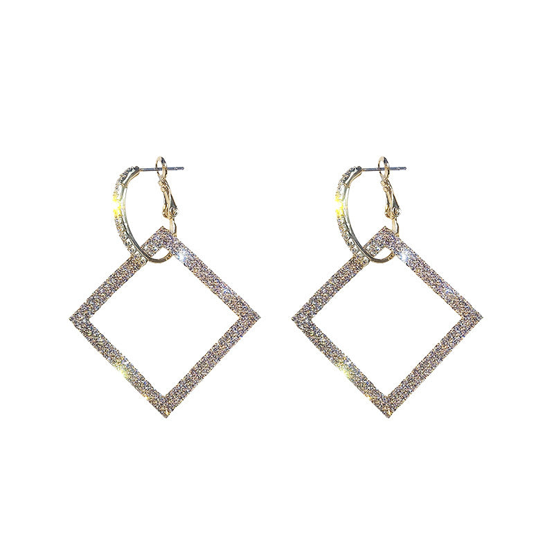 Women's Sier Needle Exaggerated Diamond Square Long Elegant Earrings