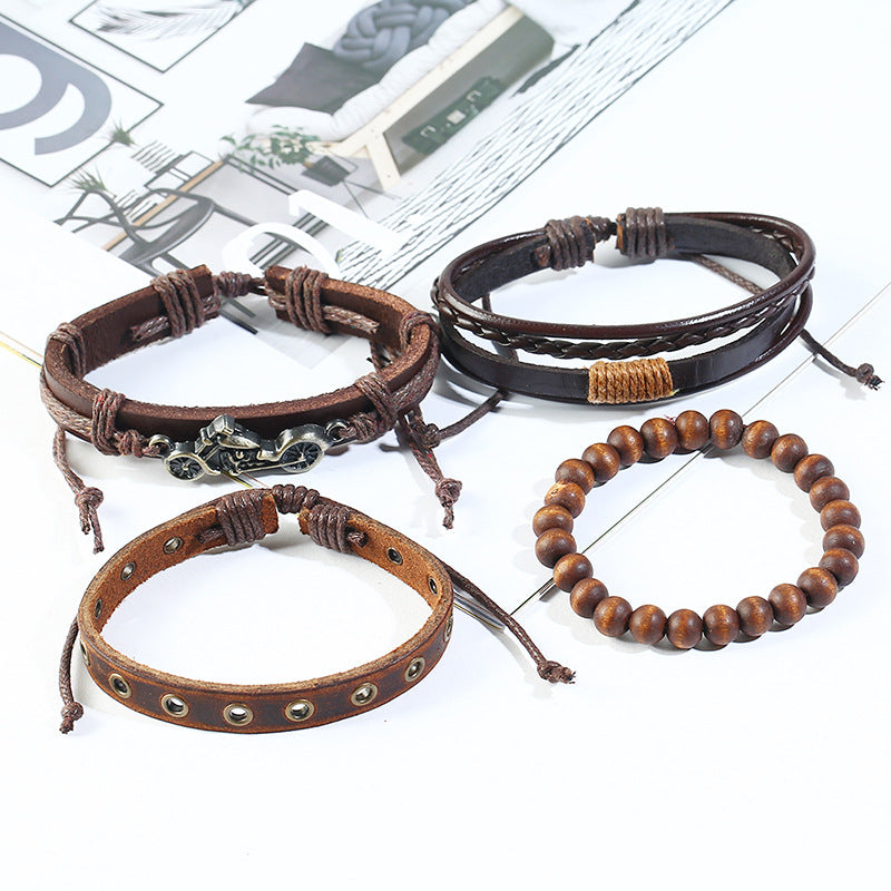 Men's Vintage Weave Set Cattle Leather Ornament Genuine Bracelets
