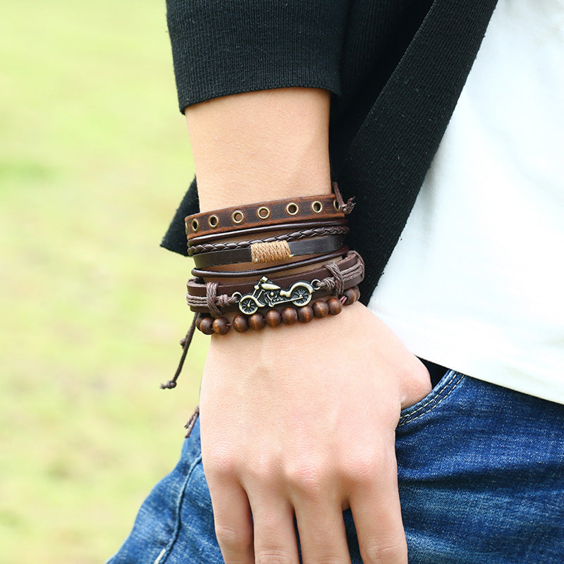 Men's Vintage Weave Set Cattle Leather Ornament Genuine Bracelets
