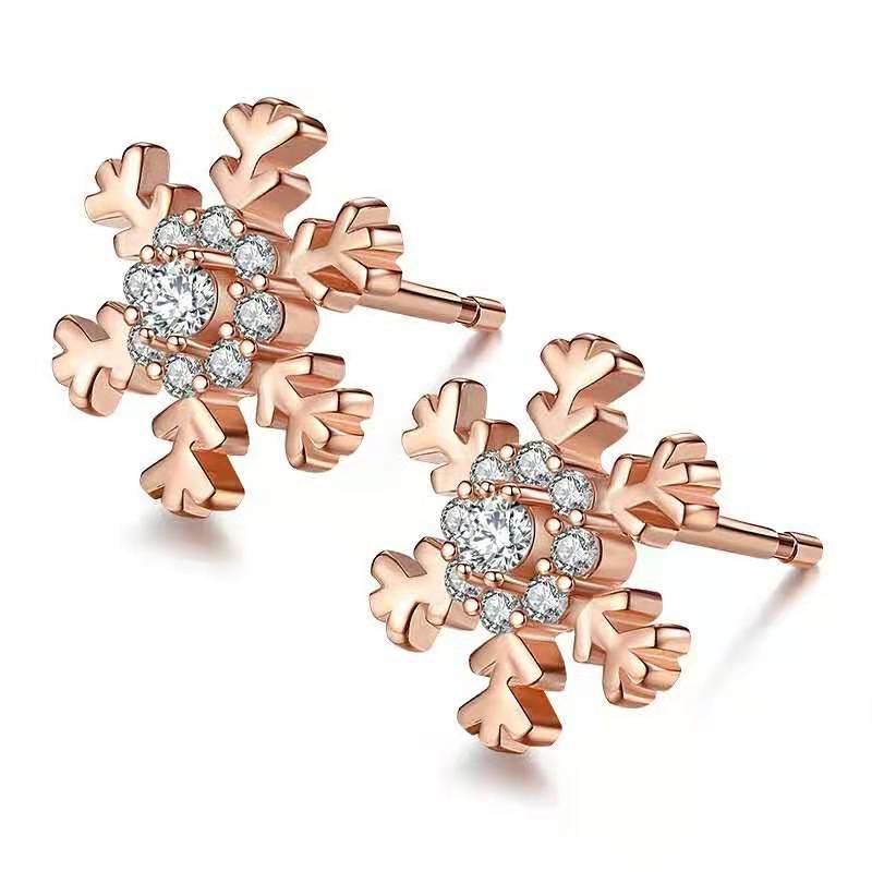 Korean Rose Gold Snowflake Ear Female Hollow Jeweled French Earrings