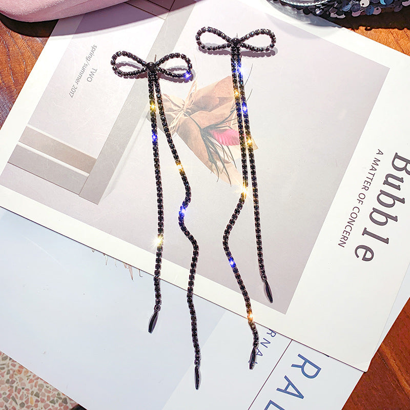 Sier Needle Queen Style Long Chain Tassel Bow Earrings
