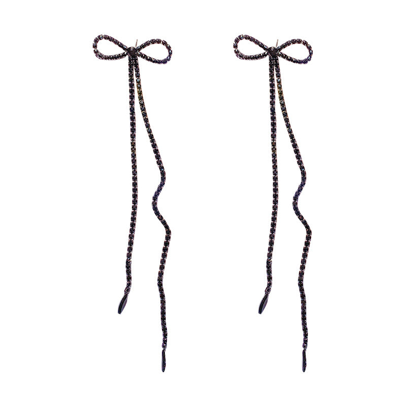Sier Needle Queen Style Long Chain Tassel Bow Earrings