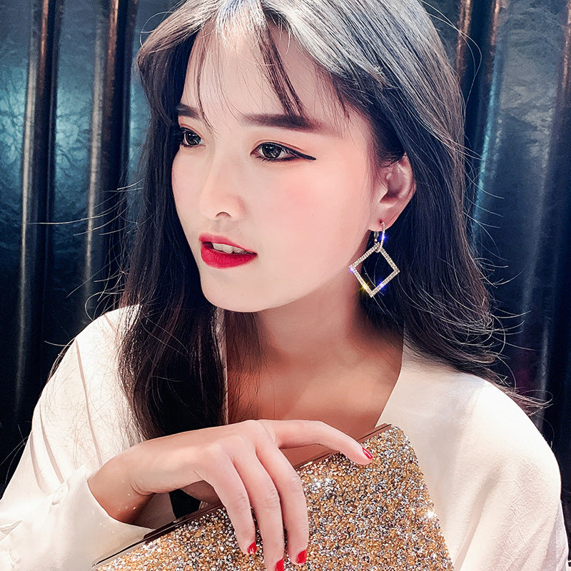 Women's Sier Needle Exaggerated Diamond Square Long Elegant Earrings
