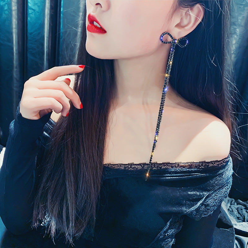 Sier Needle Queen Style Long Chain Tassel Bow Earrings