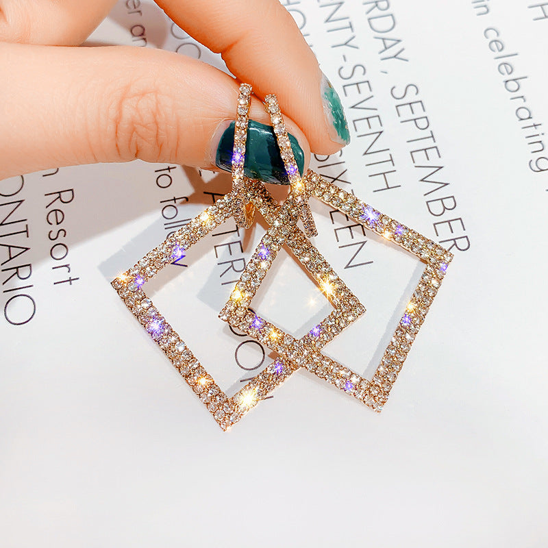 Women's Sier Needle Exaggerated Diamond Square Long Elegant Earrings
