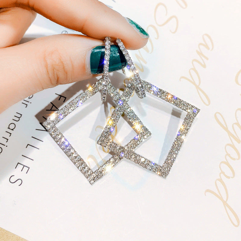Women's Sier Needle Exaggerated Diamond Square Long Elegant Earrings