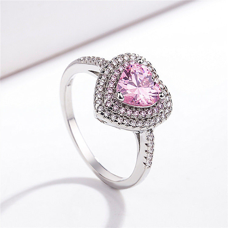 Women's Pink Love Heart-shaped White Gold Plated Rings