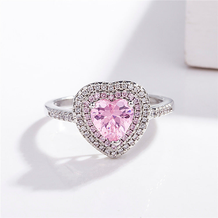 Women's Pink Love Heart-shaped White Gold Plated Rings