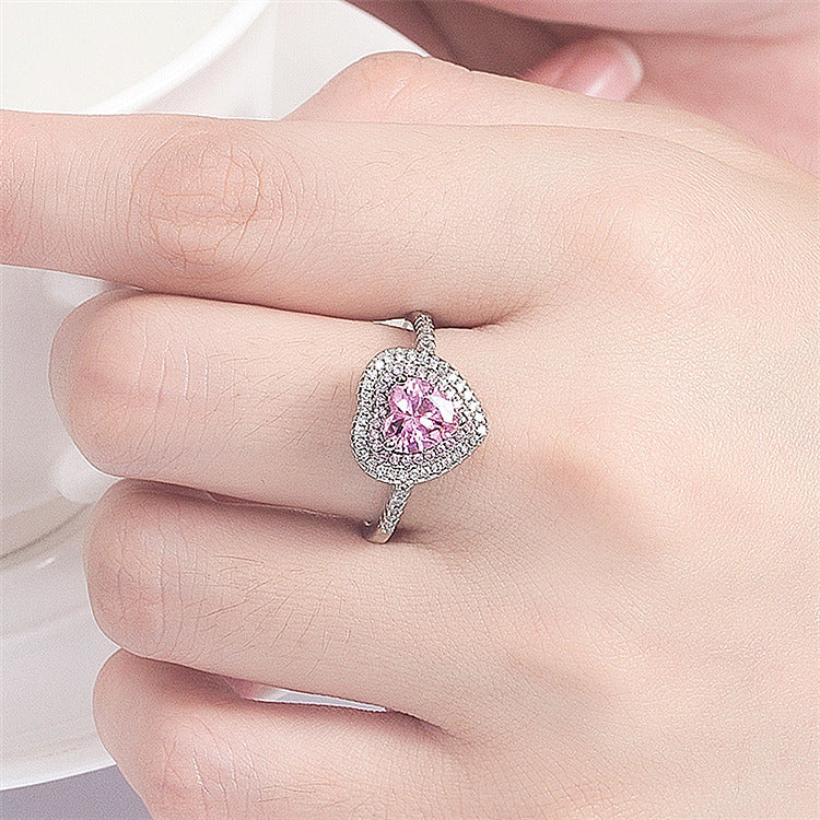 Women's Pink Love Heart-shaped White Gold Plated Rings