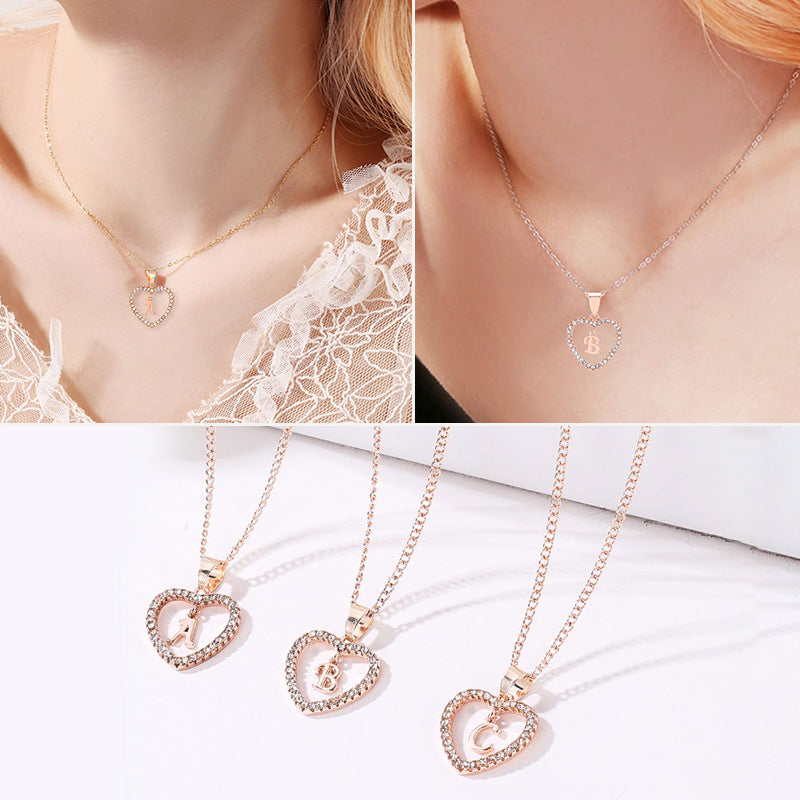 Women's Letter Love Vintage Refined Rhinestone Peach Heart English Pendant Necklaces