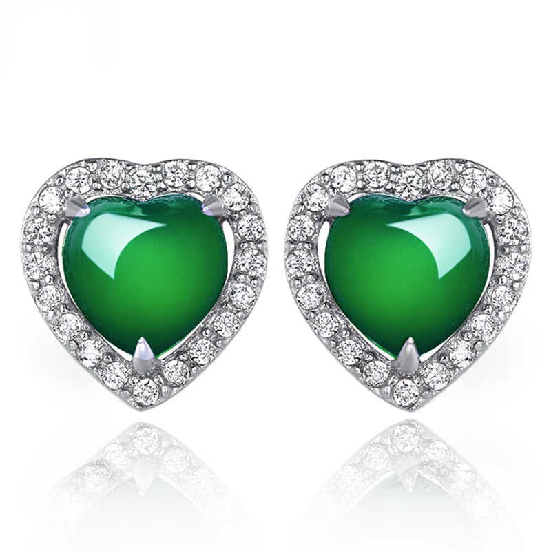 Women's Chalcedony Love Heart Diamond Gem Heart-shaped Earrings