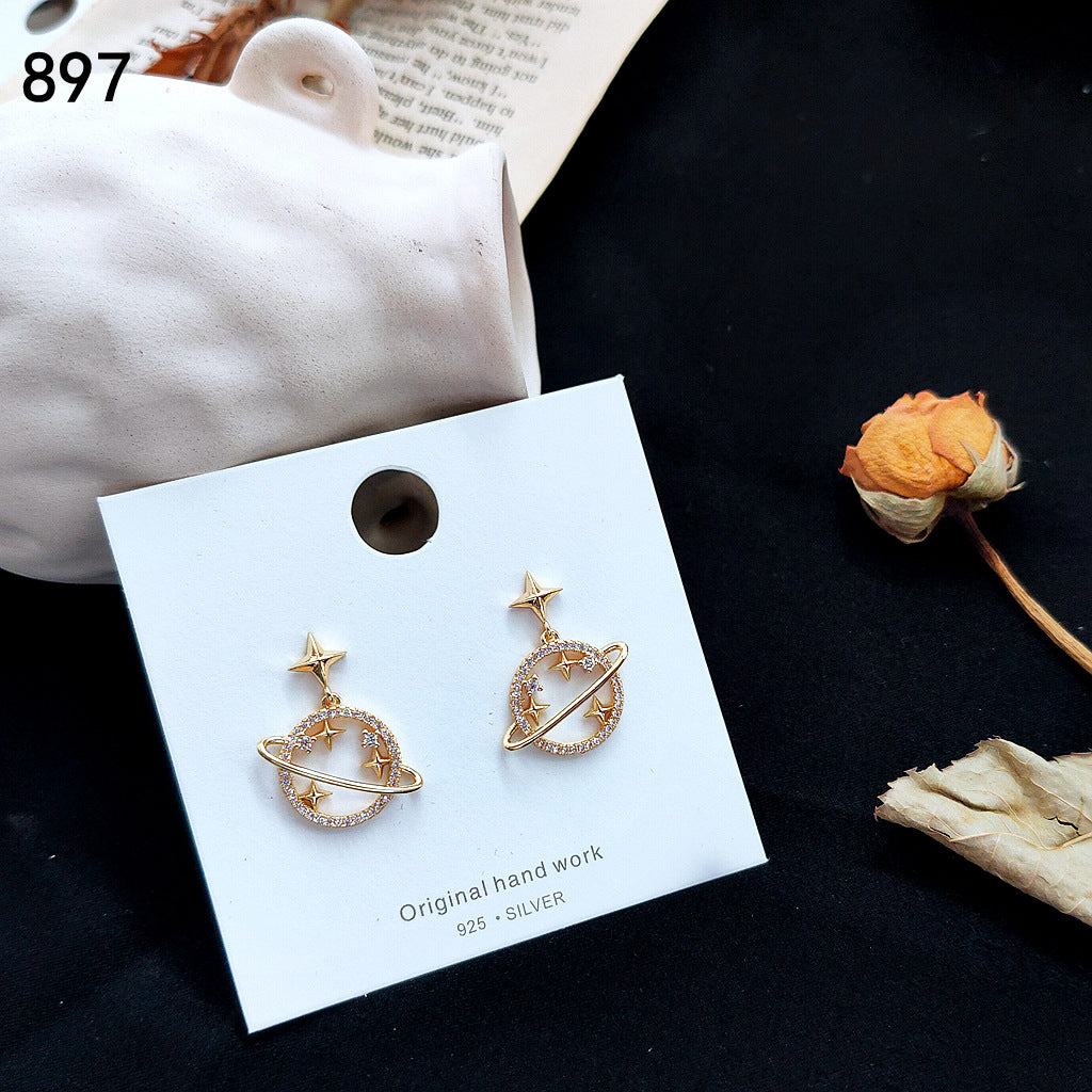 Women's Eyes Sier Gold Niche Zircon Star Moon Earrings