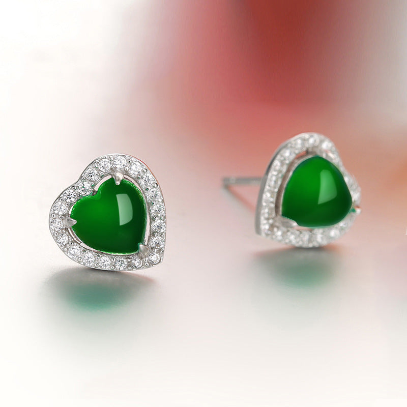 Women's Chalcedony Love Heart Diamond Gem Heart-shaped Earrings