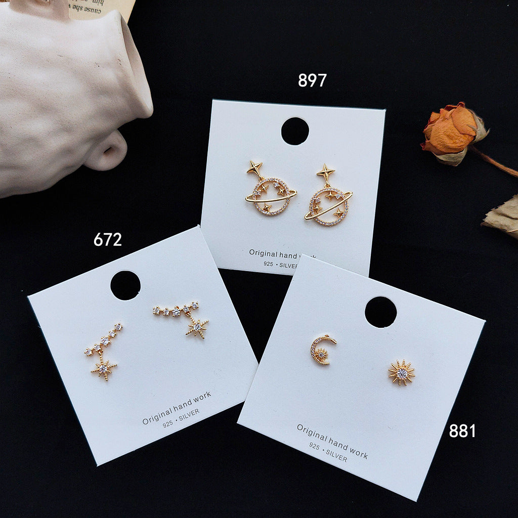 Women's Eyes Sier Gold Niche Zircon Star Moon Earrings