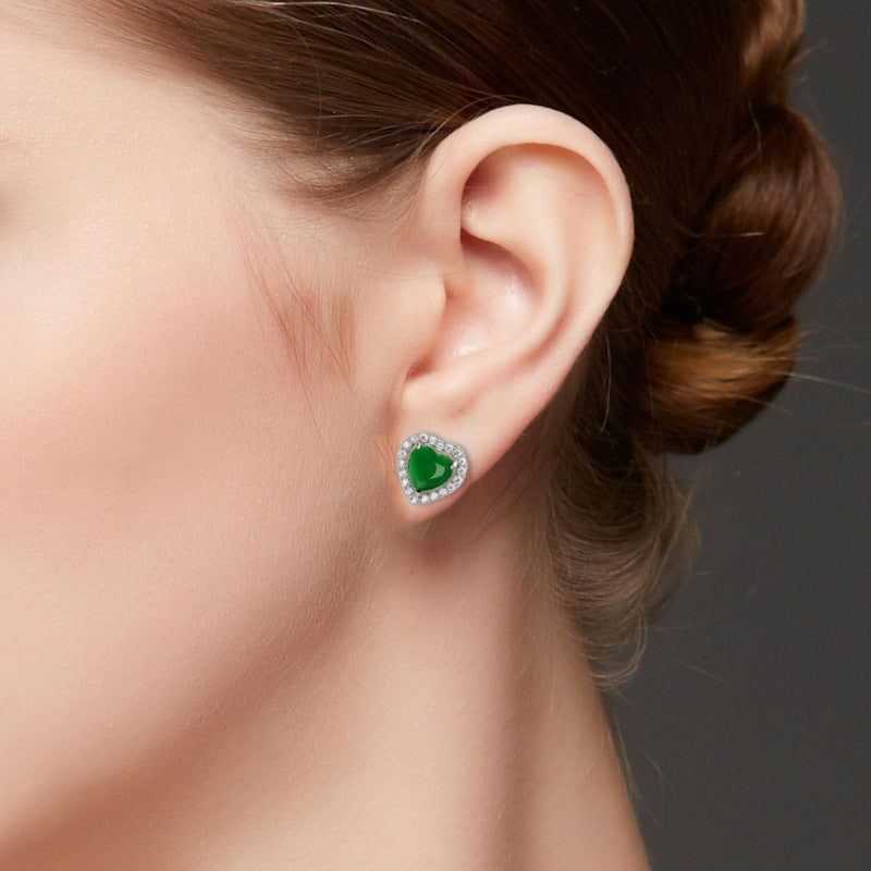 Women's Chalcedony Love Heart Diamond Gem Heart-shaped Earrings
