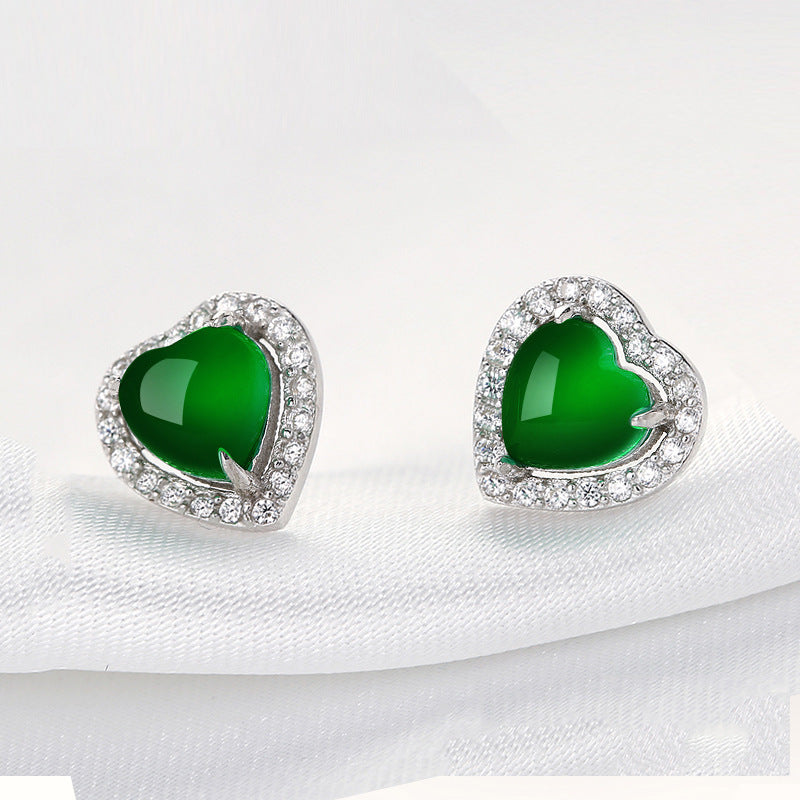 Women's Chalcedony Love Heart Diamond Gem Heart-shaped Earrings