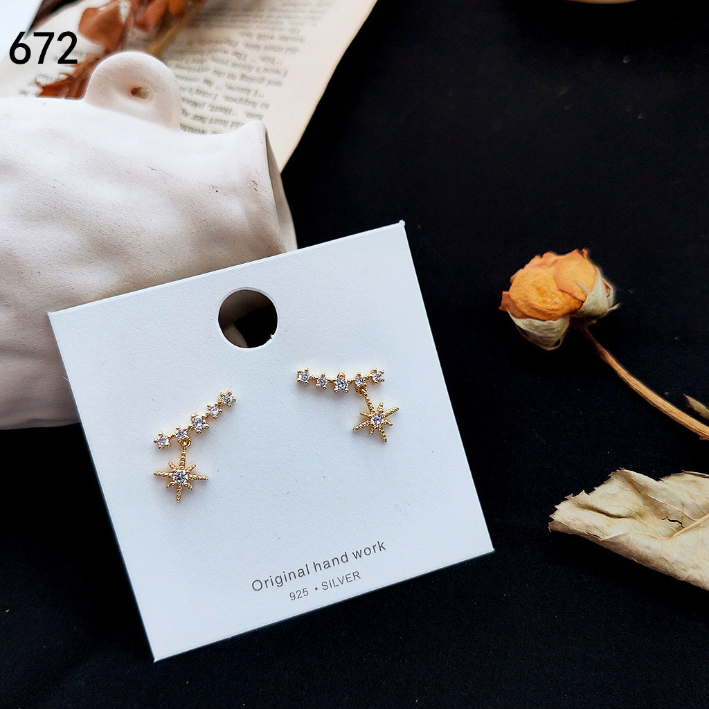 Women's Eyes Sier Gold Niche Zircon Star Moon Earrings