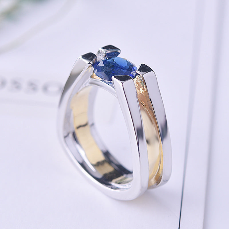 Inlaid Sapphire Artificial Diamond Gold Two-color Rings