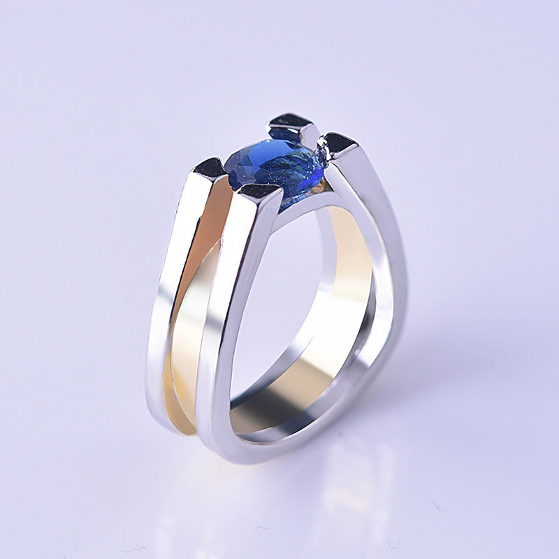 Inlaid Sapphire Artificial Diamond Gold Two-color Rings