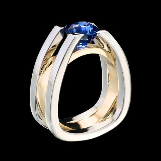 Inlaid Sapphire Artificial Diamond Gold Two-color Rings