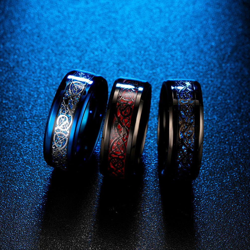 Men's Polished Plated Blue Inlaid Dragon Root Rings