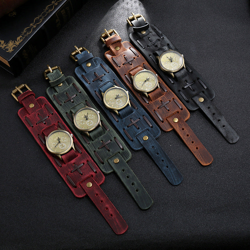 Montre en cuir tressé vintage pour hommes, bracelets larges
