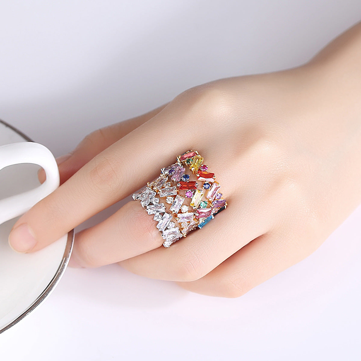 Gang Drill Geometric Zircon Fashion Color Rings