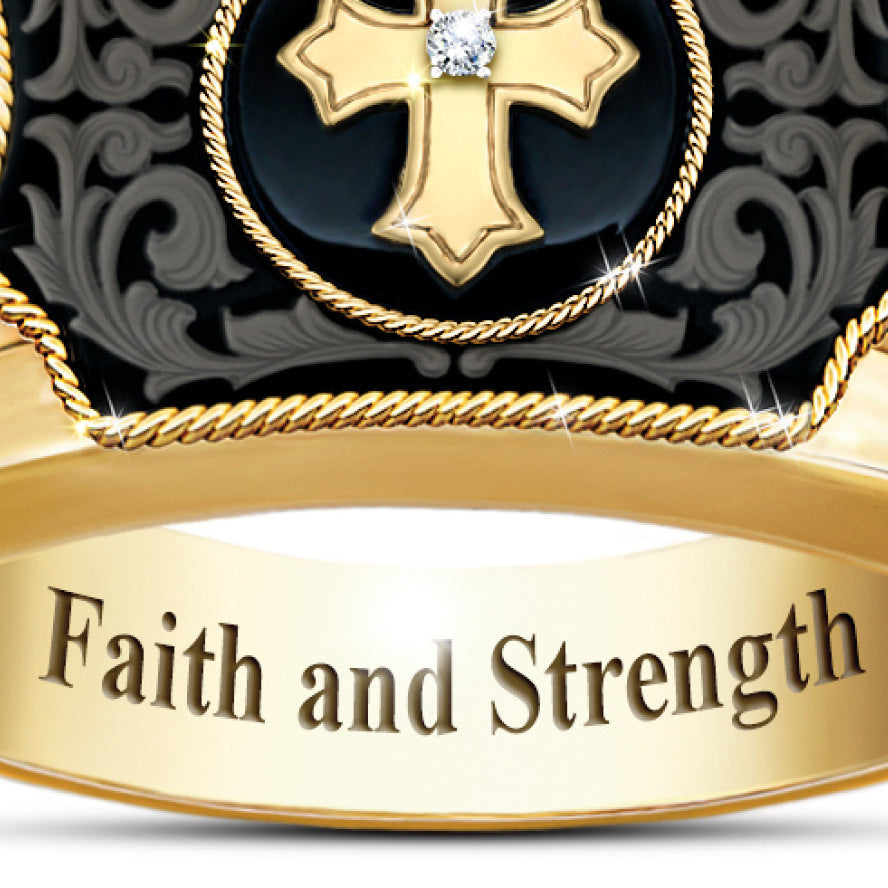 Men's Gold Simulation Black Agate Cross Faith Rings