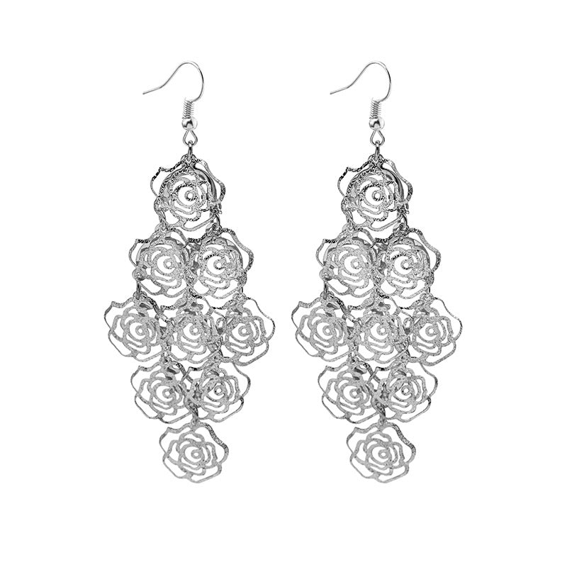 Hollow Rose Diamond Geometric Butterfly Tassel Earrings