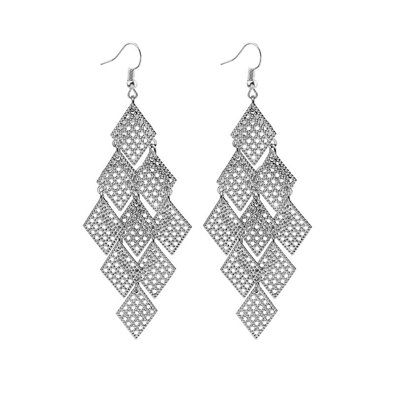 Hollow Rose Diamond Geometric Butterfly Tassel Earrings