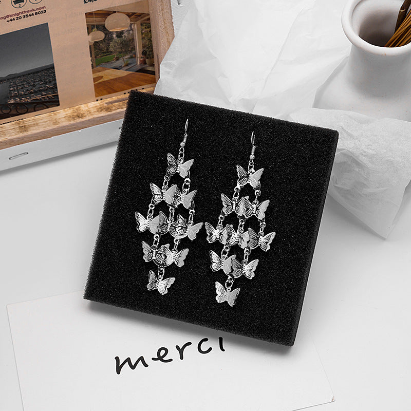 Hollow Rose Diamond Geometric Butterfly Tassel Earrings