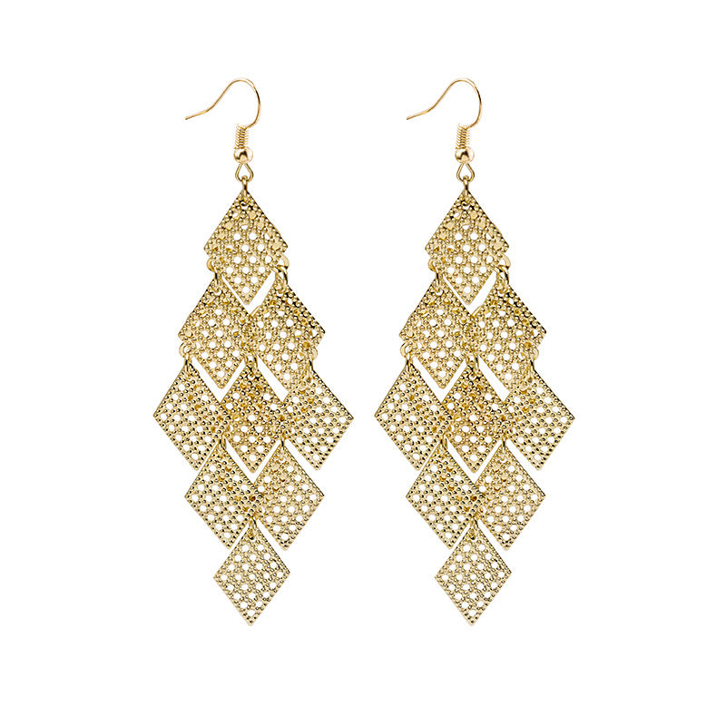 Hollow Rose Diamond Geometric Butterfly Tassel Earrings