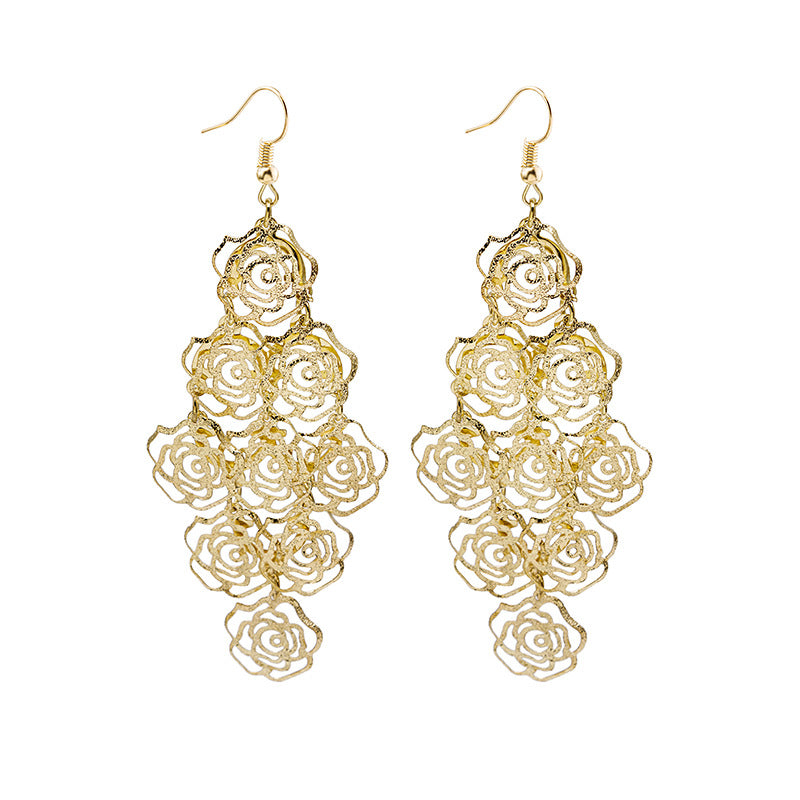 Hollow Rose Diamond Geometric Butterfly Tassel Earrings