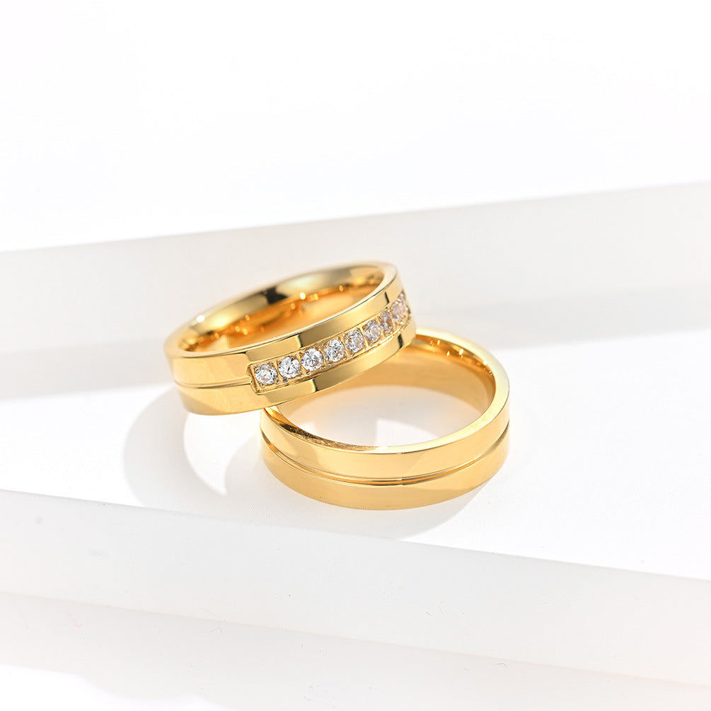Steel Diamond Couple Simple Glossy Stainless Wedding Rings