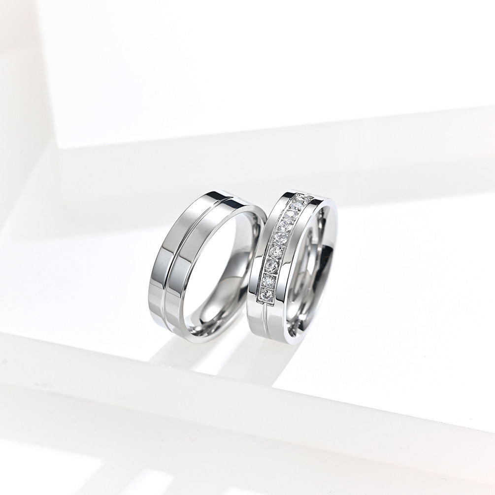 Steel Diamond Couple Simple Glossy Stainless Wedding Rings