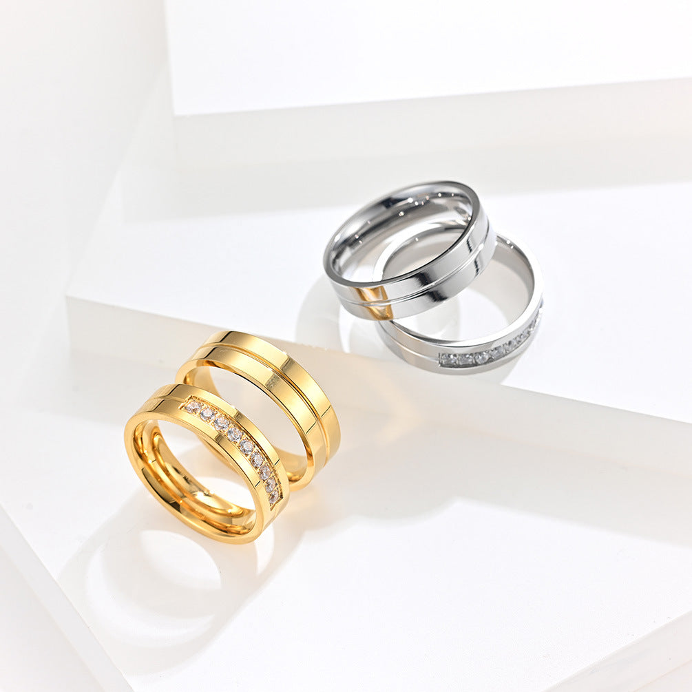 Steel Diamond Couple Simple Glossy Stainless Wedding Rings