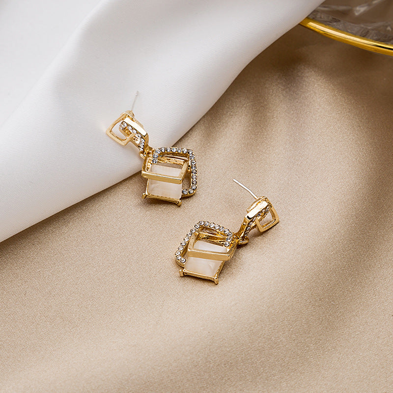 Sier Needle Geometric Square Korean Style Diamond Earrings