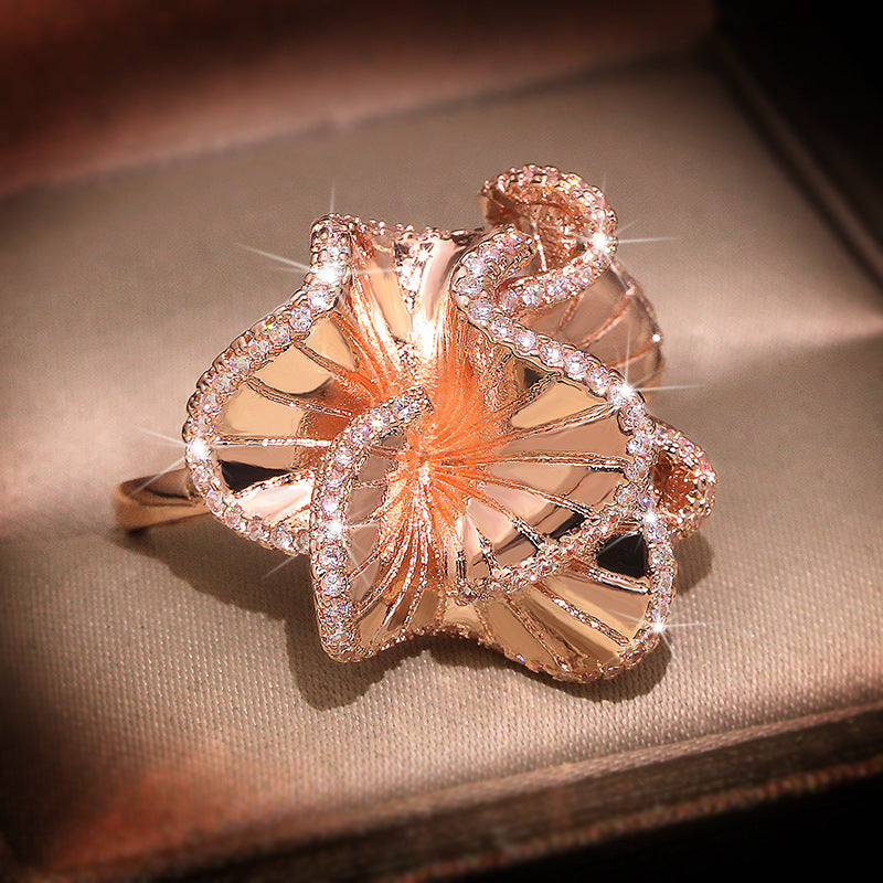 Inlaid Zircon Three-dimensional Camellia Creative Rose Rings