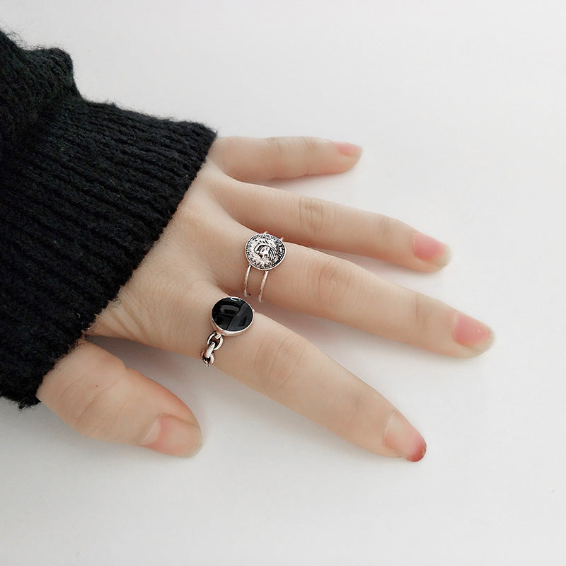 Korean Coin Portrait Cold Style Round Rings