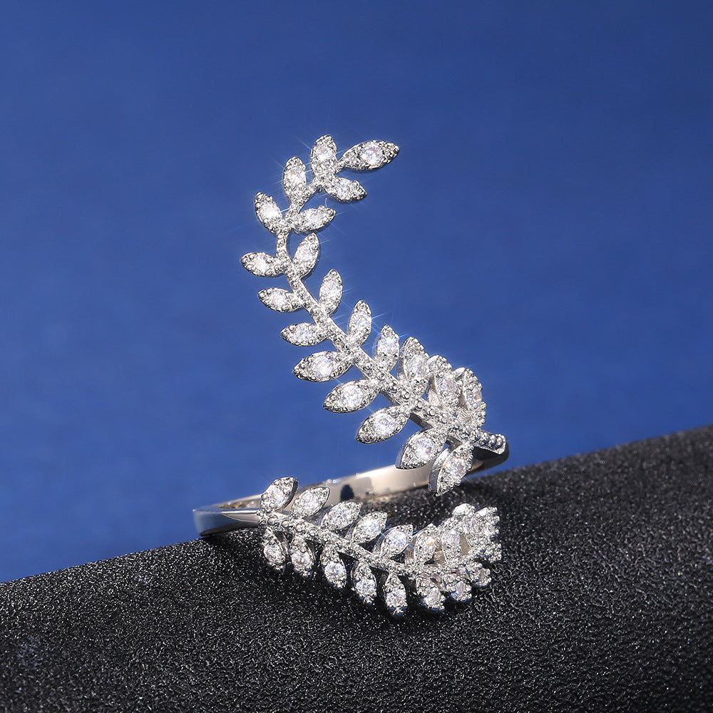Women's Zircon Sier-plated Creative Plant Leaves Long Rings