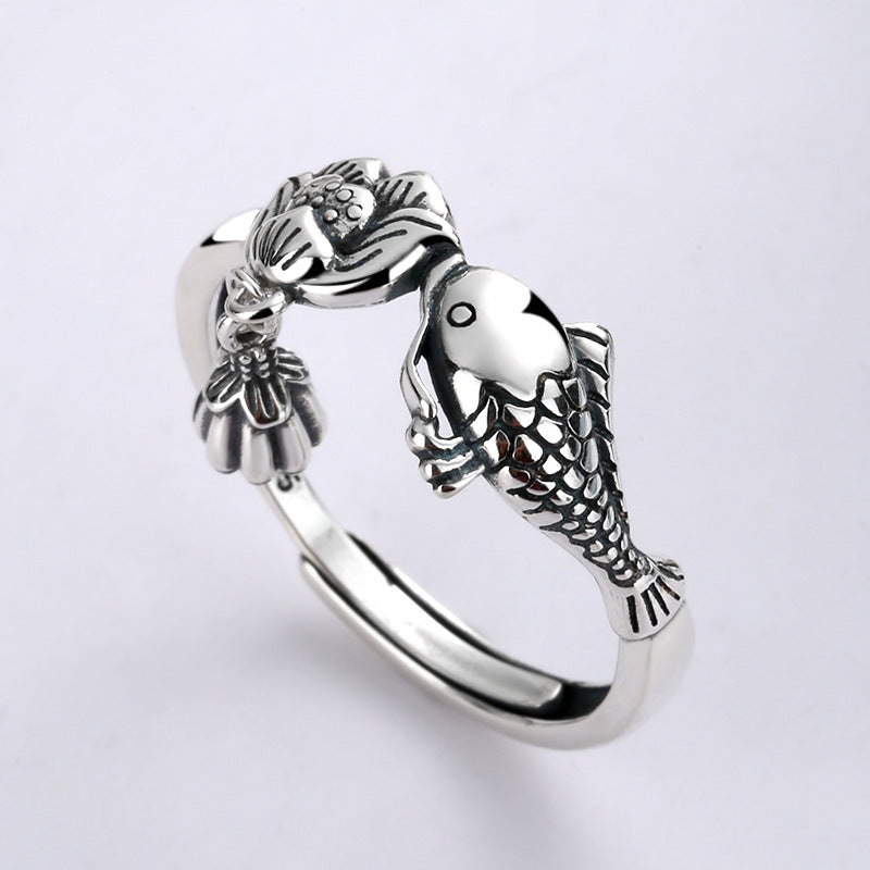 Female Retro Ethnic Carp Lotus Tassel Rings