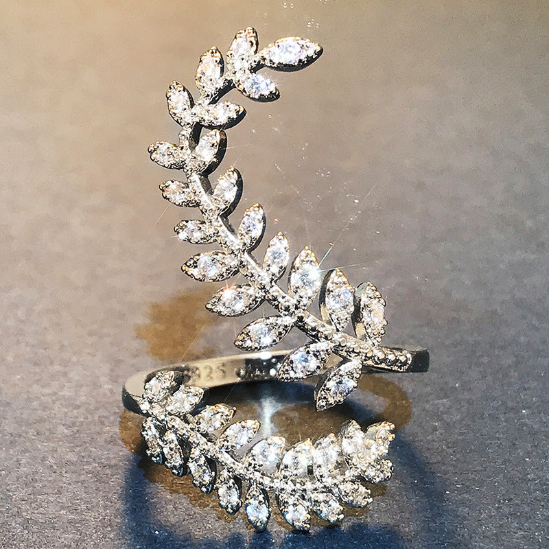 Women's Zircon Sier-plated Creative Plant Leaves Long Rings