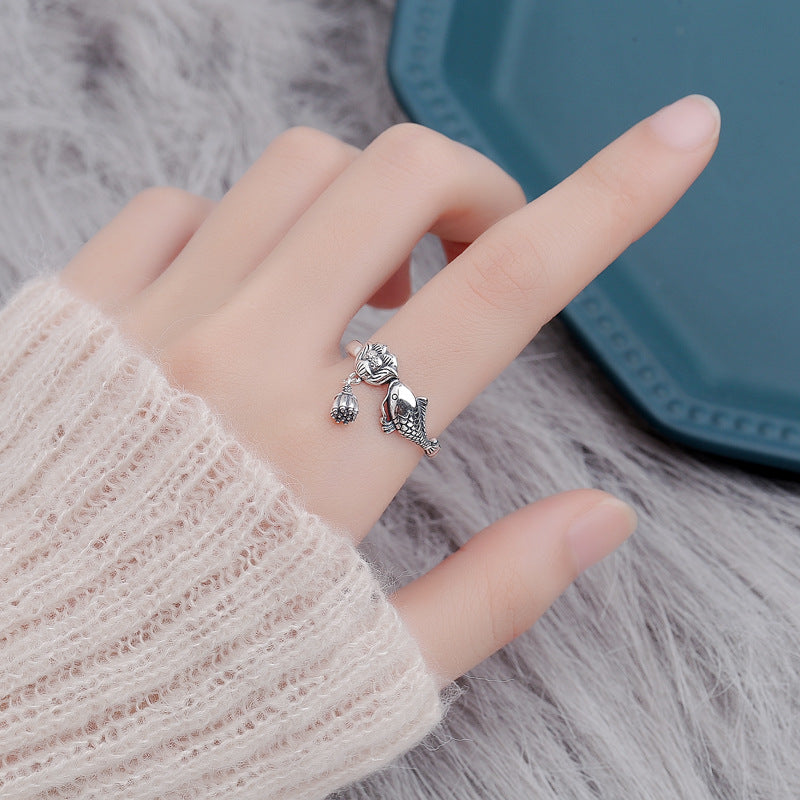 Female Retro Ethnic Carp Lotus Tassel Rings