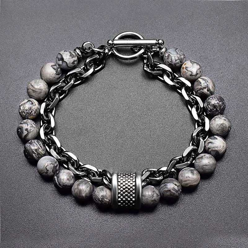 Men's Frosted Map Stone String Beads Metal Bracelets