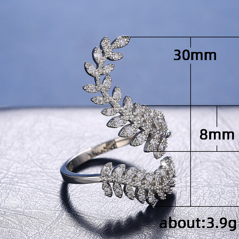Women's Zircon Sier-plated Creative Plant Leaves Long Rings