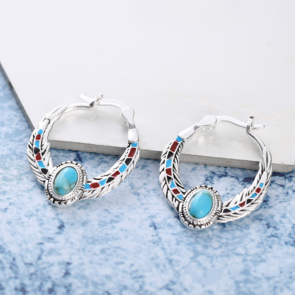 Luxury Inlaid Turquoise Eagle Feather Party Earrings