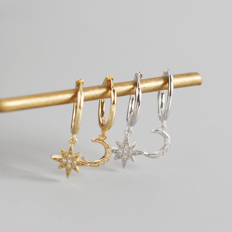 Geometrische Stern-Mond-Diamant-Ohrringe aus Sterlingsilber für Damen