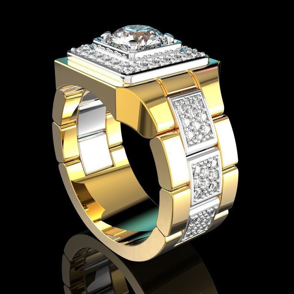 Men's Simulation Moissanite Watch Gold Plated Two-color Rings