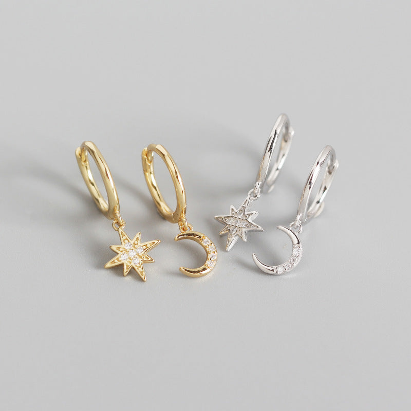 Geometrische Stern-Mond-Diamant-Ohrringe aus Sterlingsilber für Damen