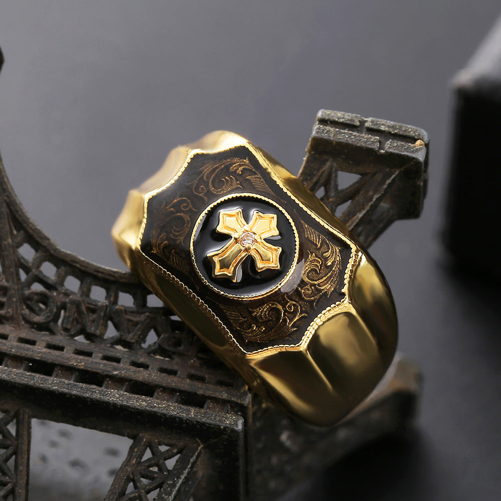 Men's Golden Simulation Black Agate Cross Belief Rings